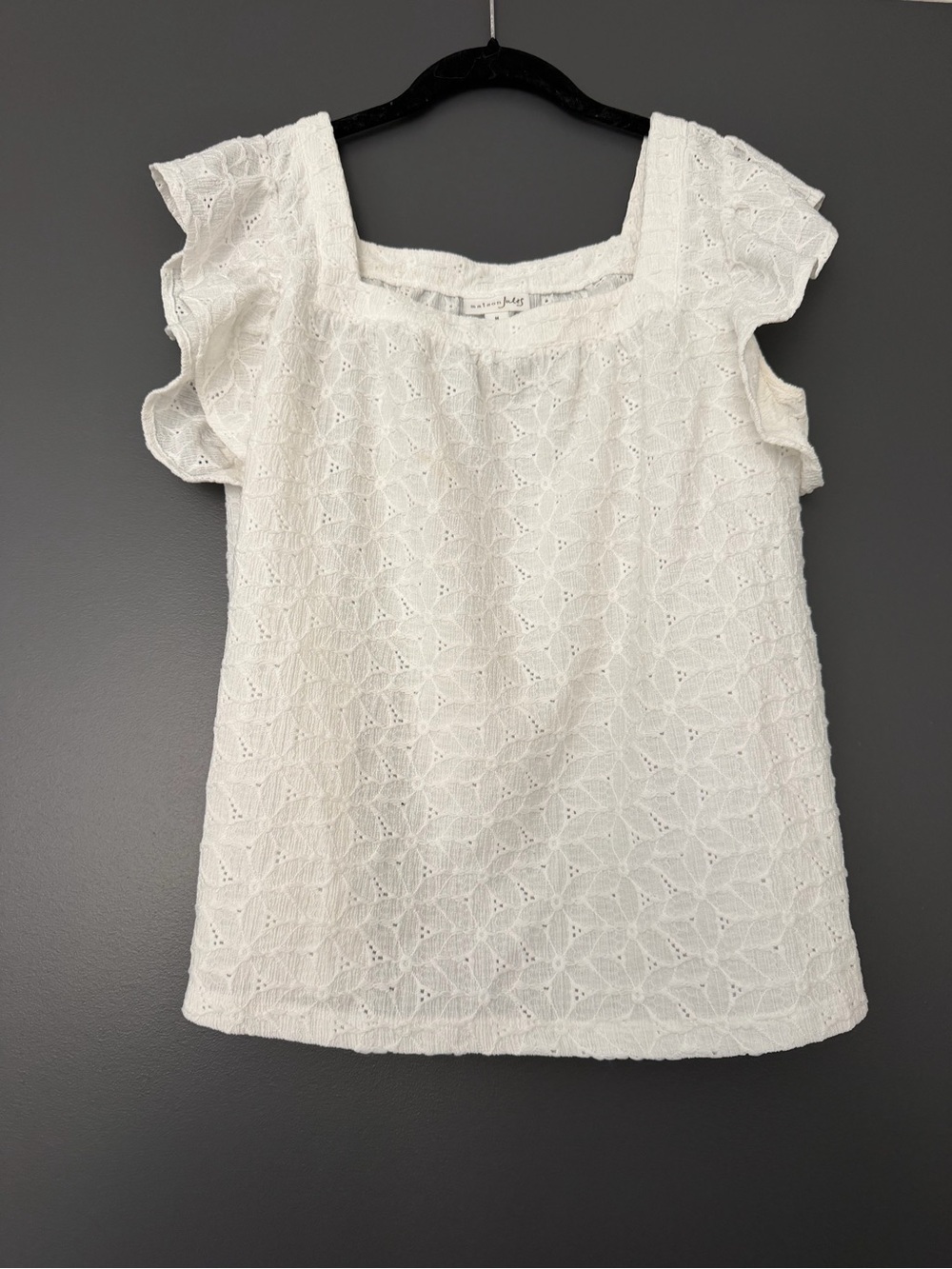 Maison Jules White Eyelet Square Neck Flutter Sleeve Top